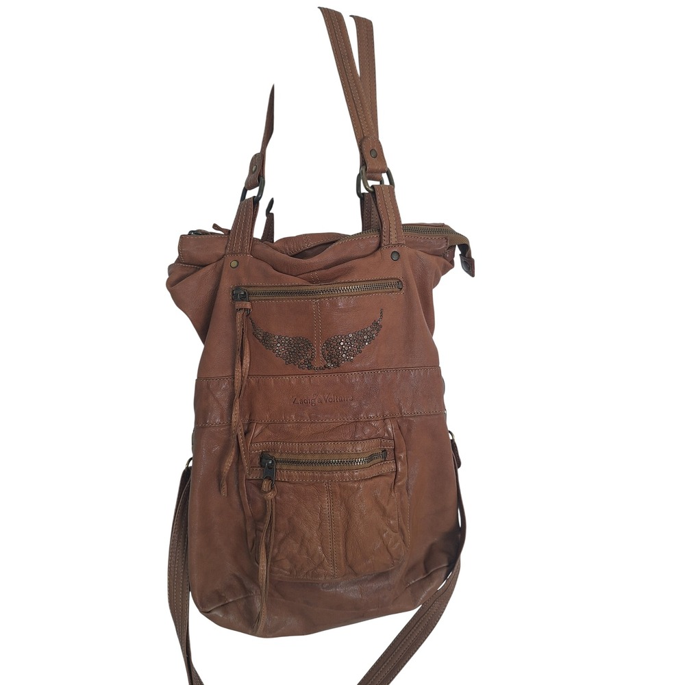 Zadig & Voltaire Cabas Touly Brown Goat Leather Convertible Wing Tote Bag